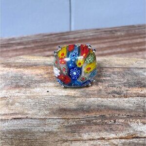 Colorful Millefiori Glass Ring With Silver-Tone Band Size 6